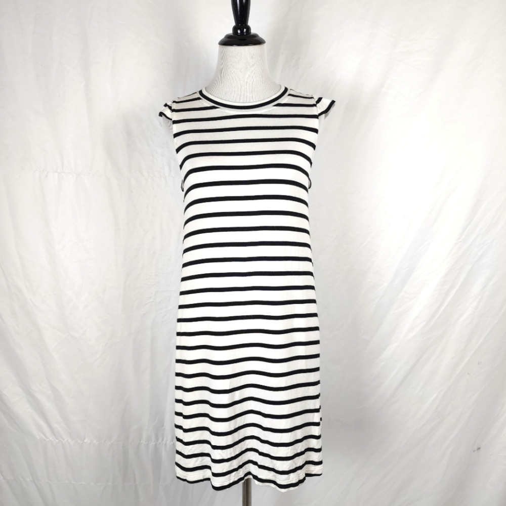 Gibson Laguna Soft Jersey Ruffle T-Shirt Black & White Striped Dress XS xsmall